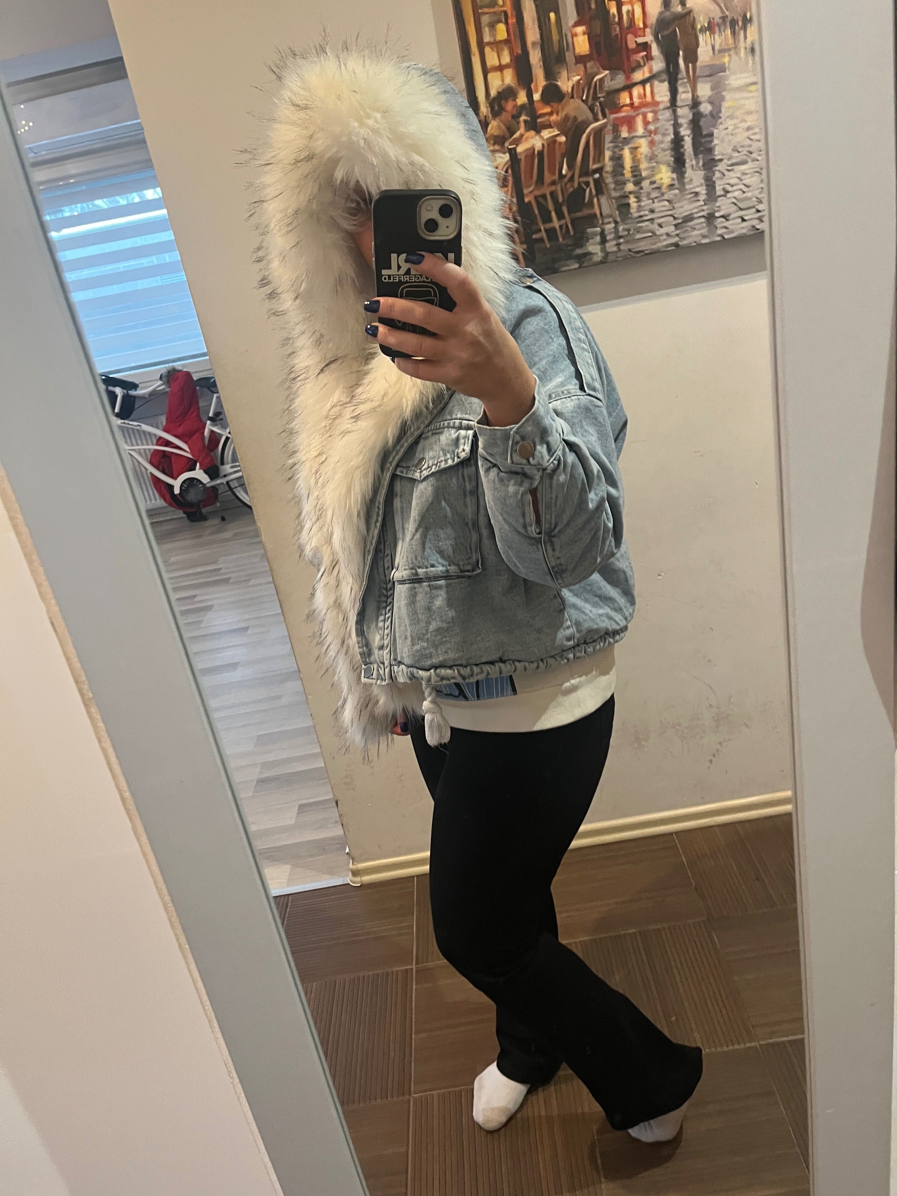 przepiękna jeansowa kurtka zimowa odpinane futerko kaptur oversize niu