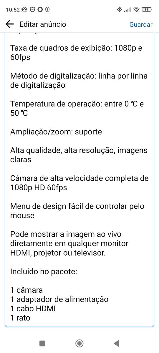 Microscópio, Câmara com sensor Sony 1080p a 60fps