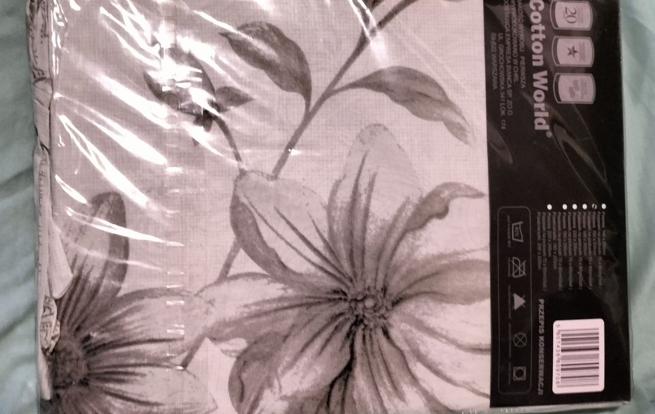 Bawełniana pościel dwustronna, biała w szare kwiaty,160x200,2 poszewki