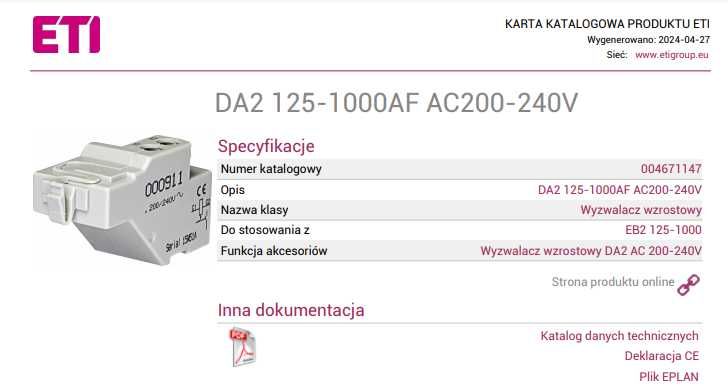 ETI Wyzwalacz Wzrostowy DA2 125 - 1000 AF AC200-240V - 60 %