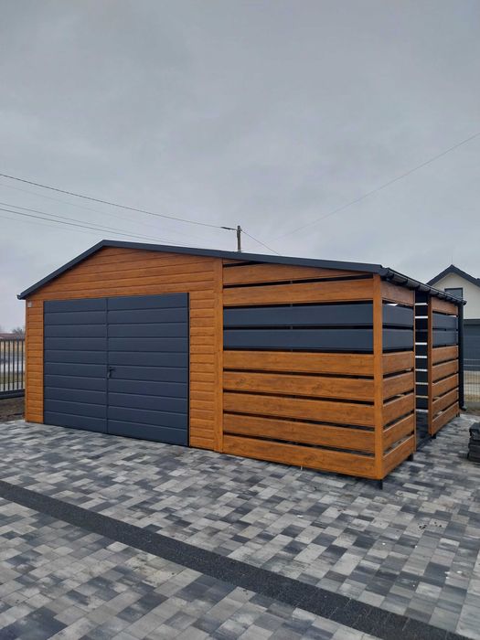 Garaż blaszany drewnopodobny 6x5m wiata śmietnikowa schowek nowoczesny