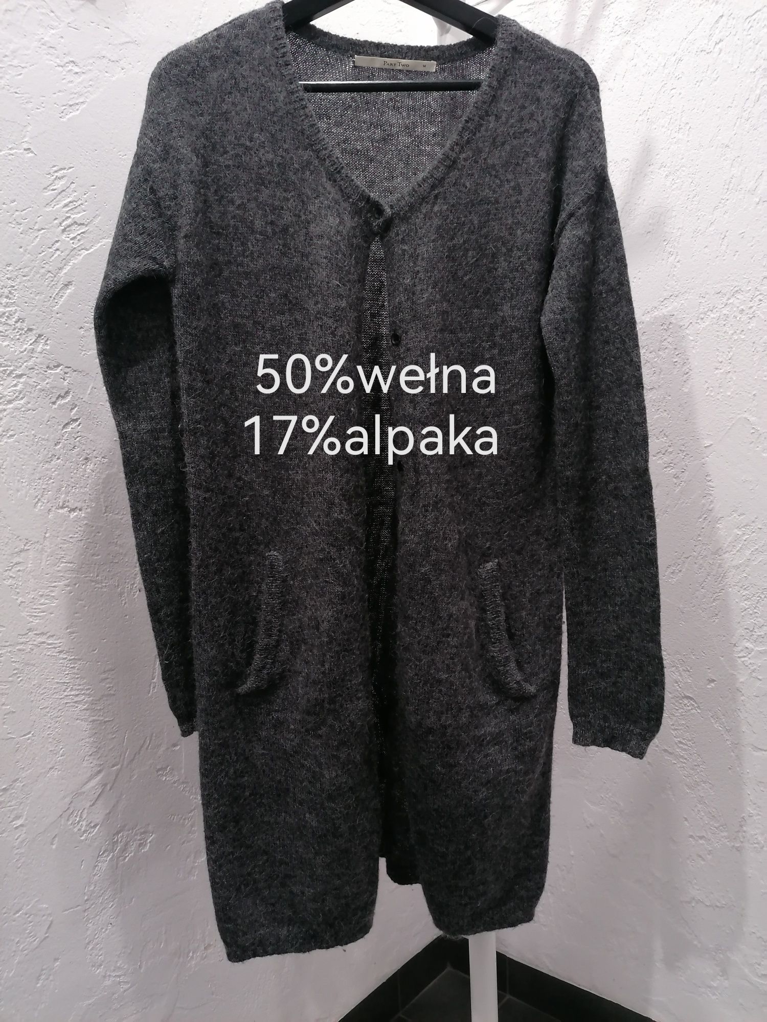 Długi sweter damski 50%wełna, alpaka