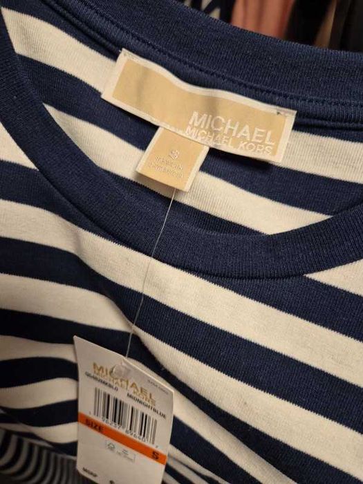 Michael Kors sukienka w paski na szelkach ozdobne guziki  r.S