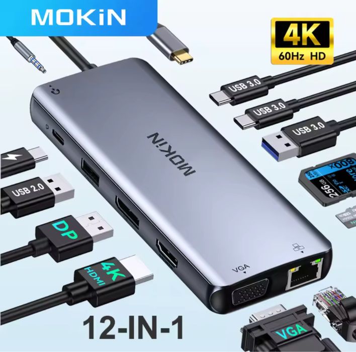 USB-C хаб 12-в-1 MOKiN | HDMI 4K, DP, VGA, LAN, USB 3.0, зарядка 100W