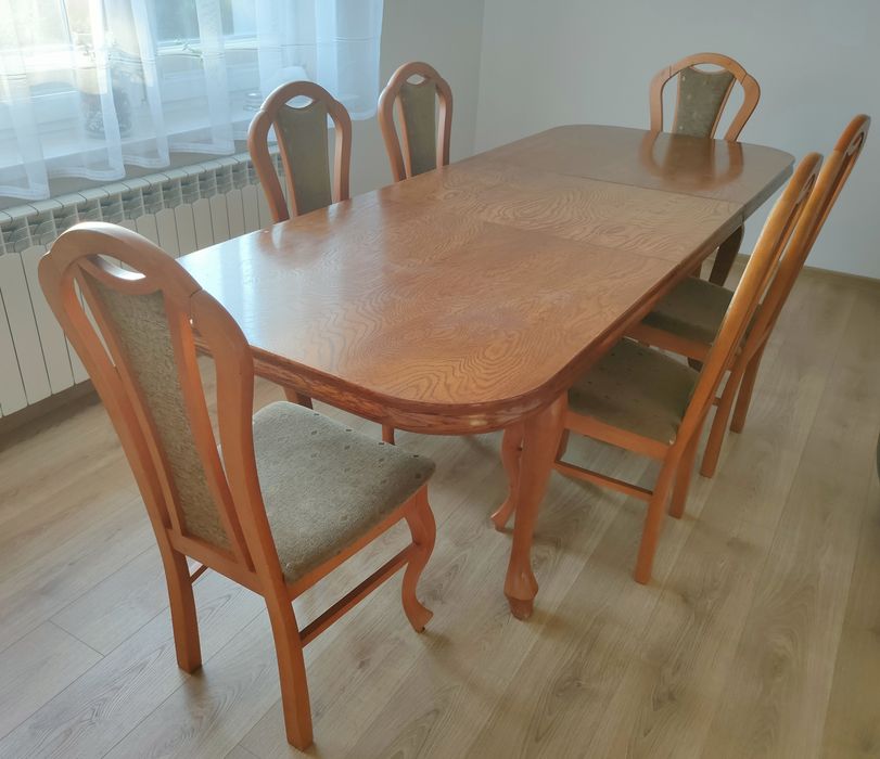 Komplet stół rozkładany dębowy, Ludwikowski, 6 krzeseł