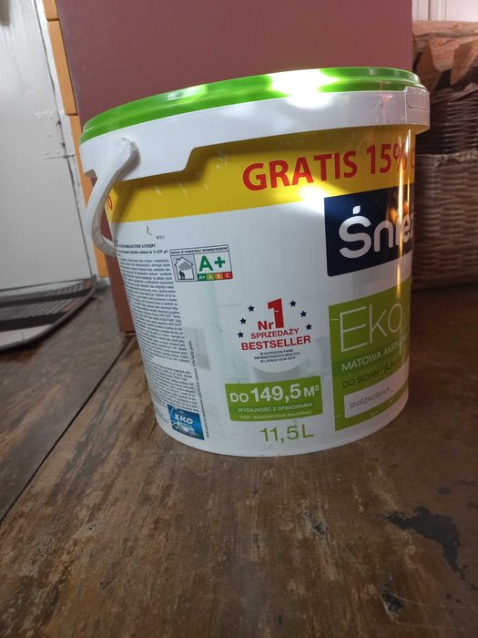 Biała farba Śnieżka Eko 11,5 litra, ekologiczna, matowa, wydajna, Nowa
