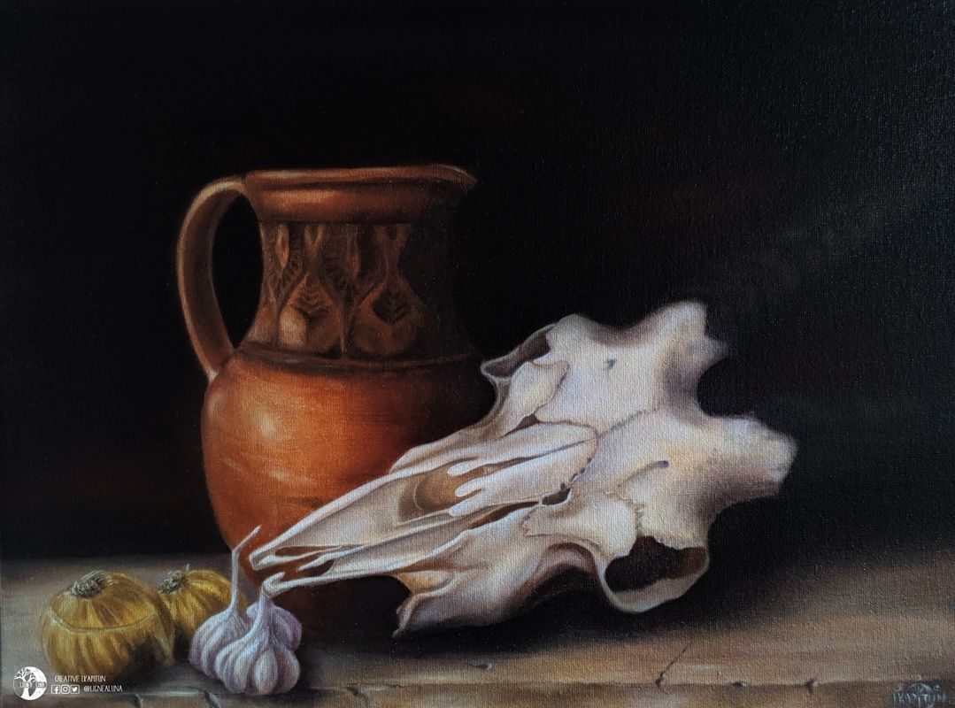 Картина Натюрморт «Череп кози та глиняний глечик»