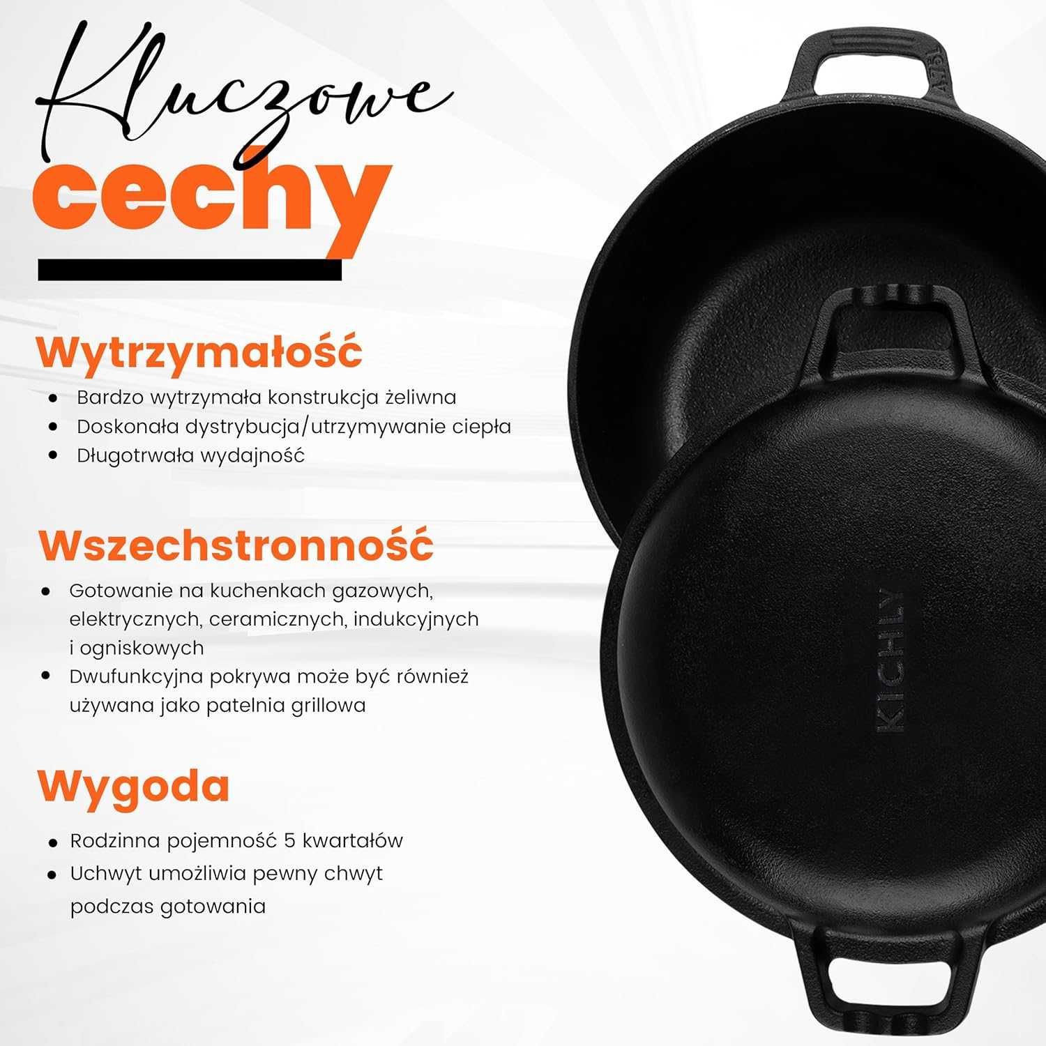 Żeliwny GARNEK HOLENDERSKI z pokrywką WIELOFUNKCYJNY 2w1 patelnia gril