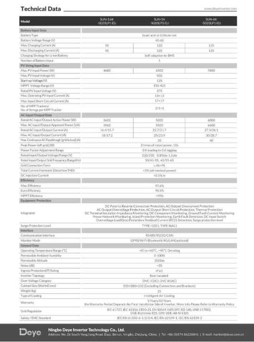 Гібридний інвертор Deye 6кВт 48В однофазний+WiFi, SUN-6K-SG03LP1-EU