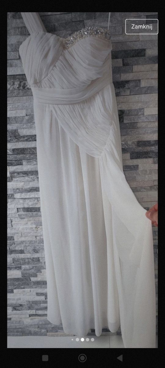 Długa zwiewna śmietankowa suknia ślubna w stylu greckim rozmiar 36/38