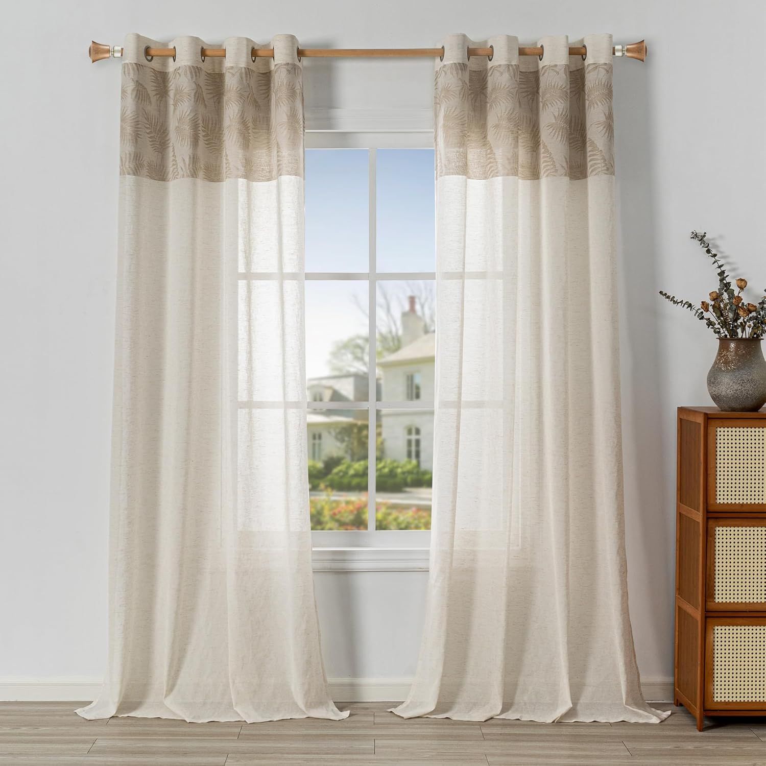 Zasłony Boho 2 szt 260x140cm Beżowe Półprzezroczyste Liście