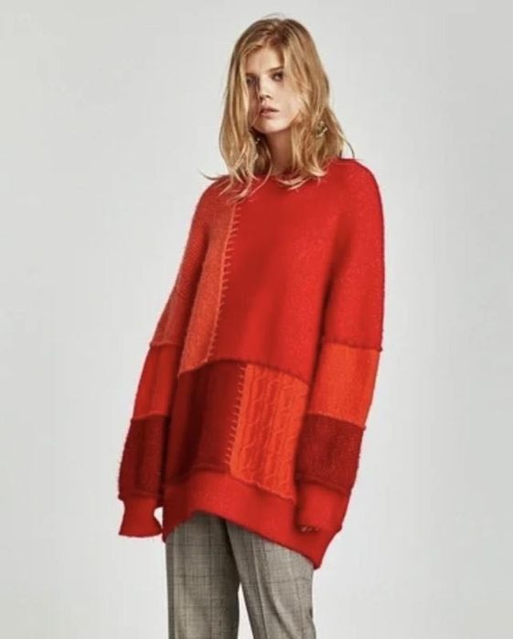 Яскравий червоний оверсайз печворк светр zara вʼязаний