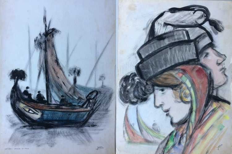 Dois originais do artista JOCAR – 2 pinturas sobre o mar – Setúbal