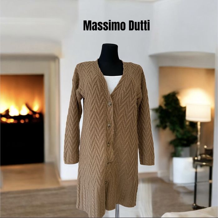 Długi sweter kardigan Massimo Dutti M jodełka rozpinany na jesień zimę