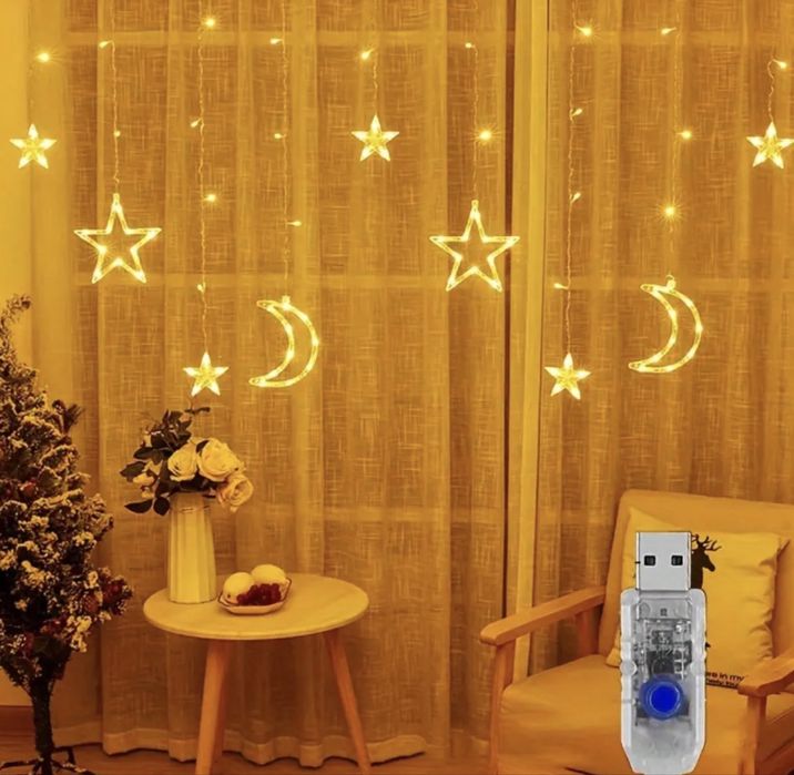 Гірлянда штора з USB на вікно тюль зірочки місяць led гирлянда