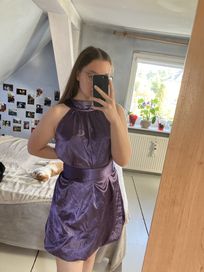 fioletowa satynowa sukienka z pasem vintage M/L