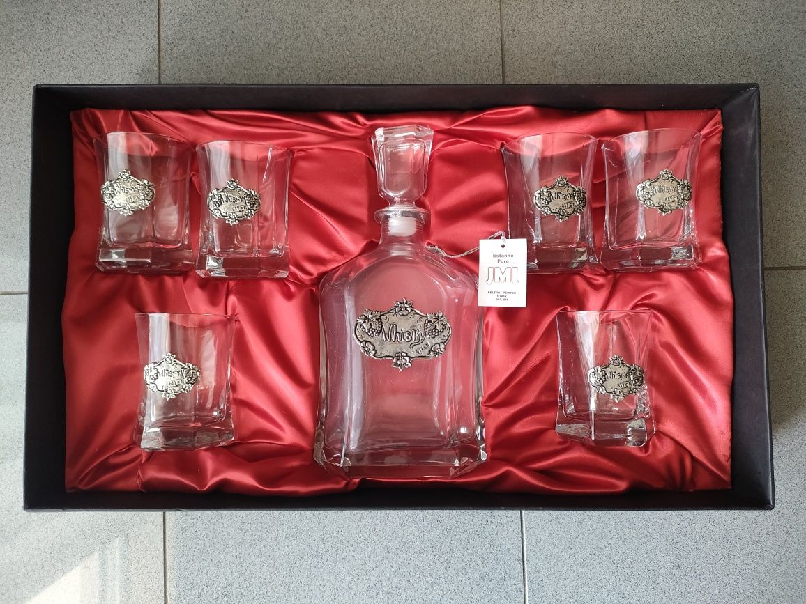 Conjunto de Garrafa e Copos de vidro e Estanho