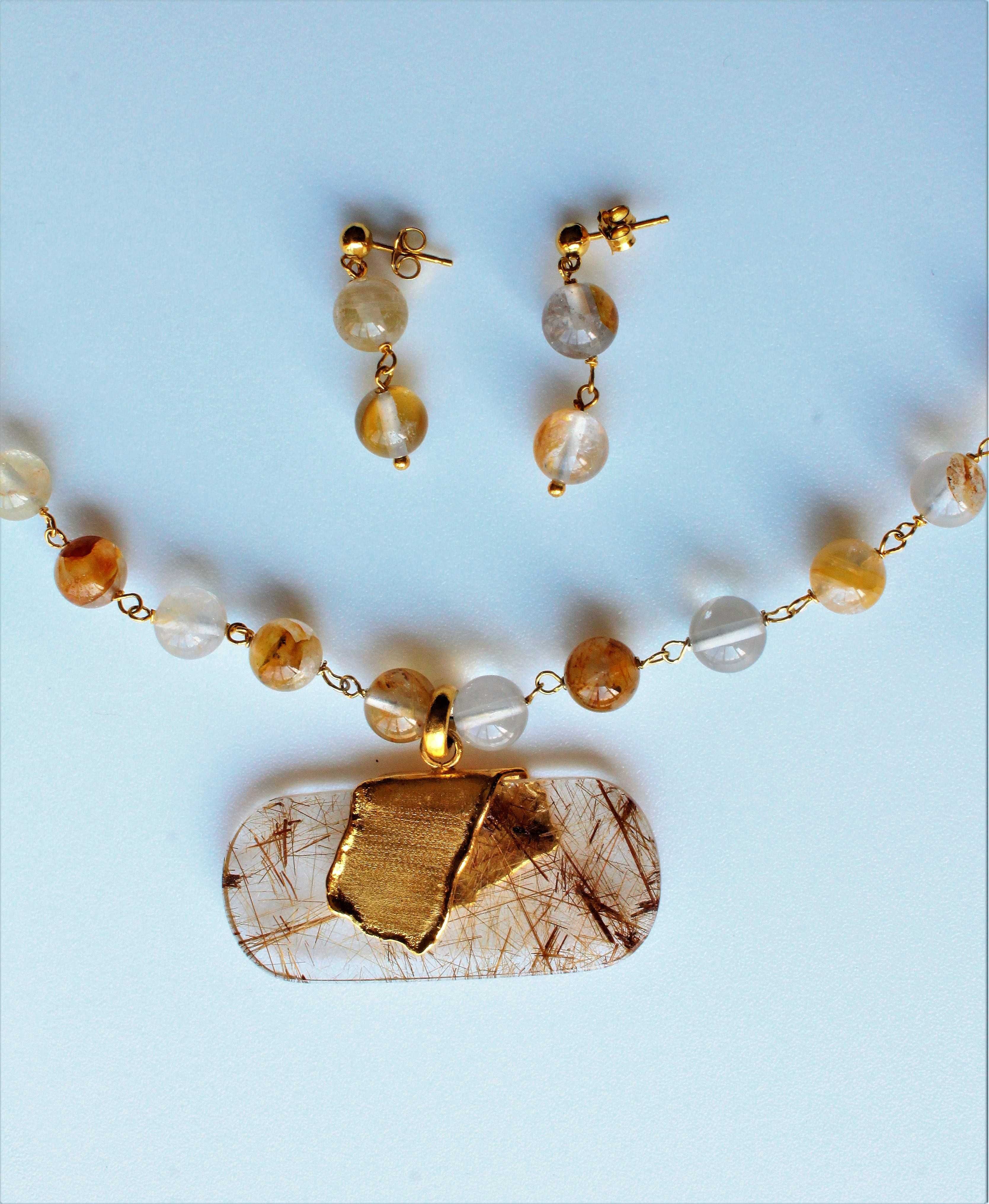 Colar e Brincos em Quartzo Rutilado Dourado