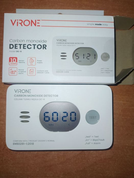 Detektor, czujnik tlenku węgla.Virone DC6. Nowy.