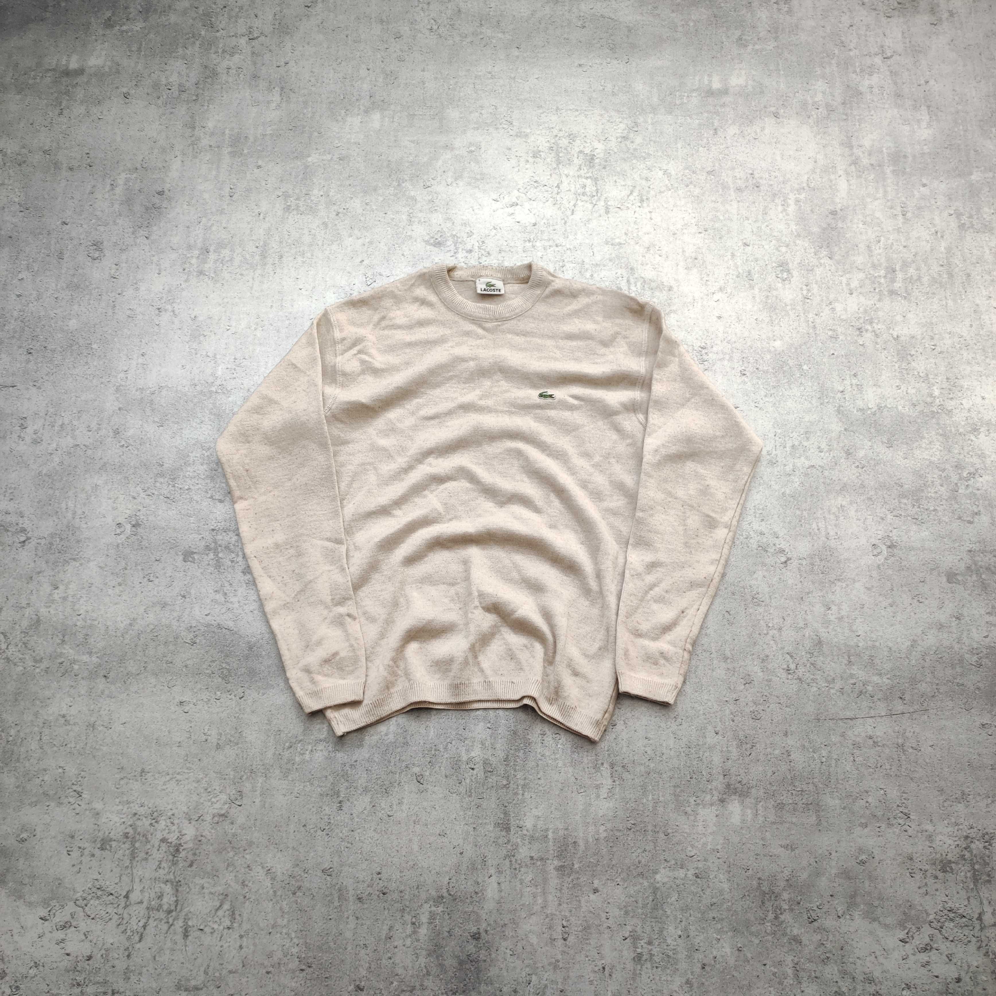 MĘSKI Elegancki Sweter PREMIUM Beżowy Wełna Haft Logo Lacoste Casual