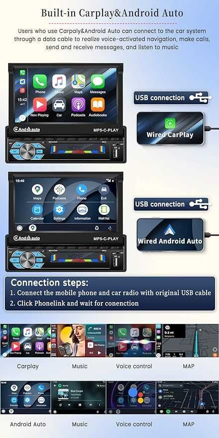 Radio samochodowe 1 DIN wysuwane  Carplay Android, ekran 7 cali