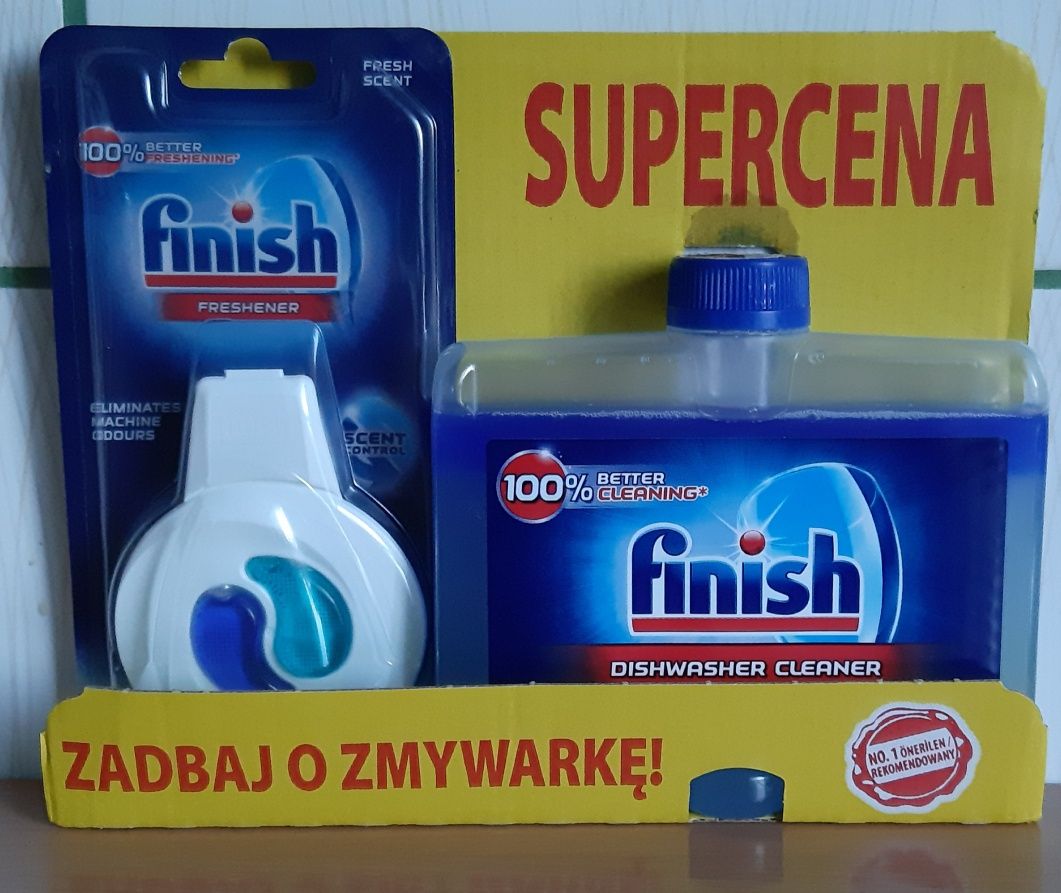 Plyn czyszczący do zmywarek + odświeżacz Finish całość