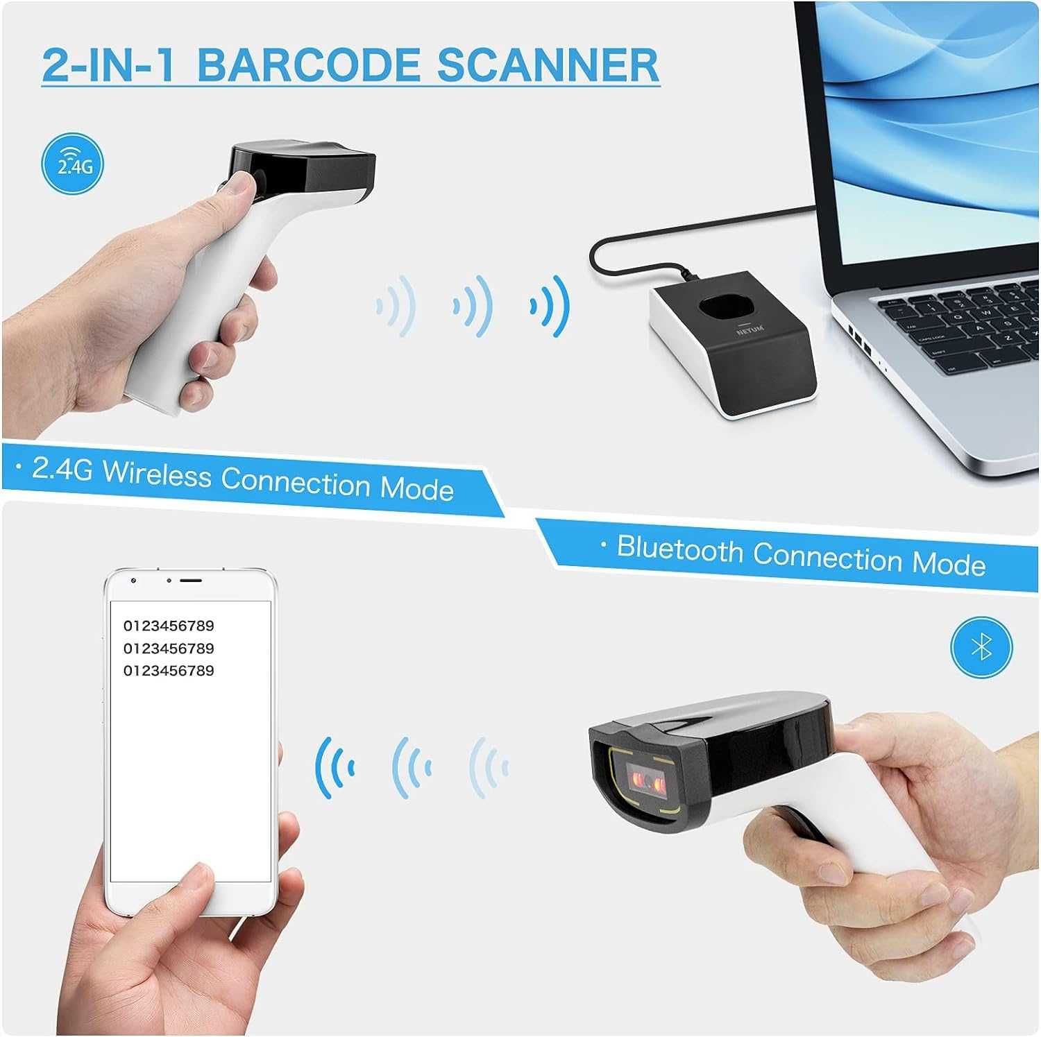 NETUM DS5000 Bluetooth CCD Skaner kodów kreskowych 1D z podstawą, 50 m