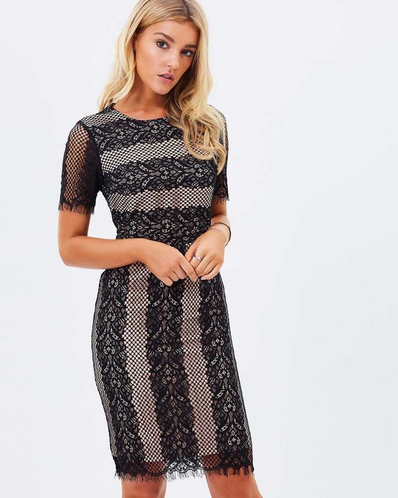 Ажурное бежевое миди платье с чёрным гипюром Oasis M