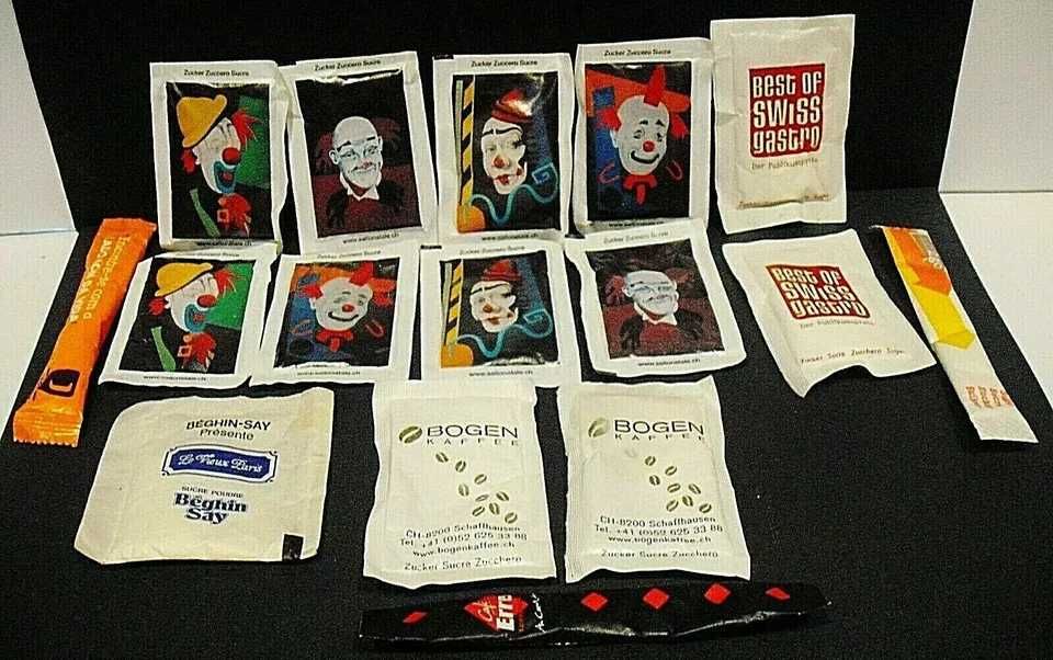 12 collections sugar packets, made in Switzerland