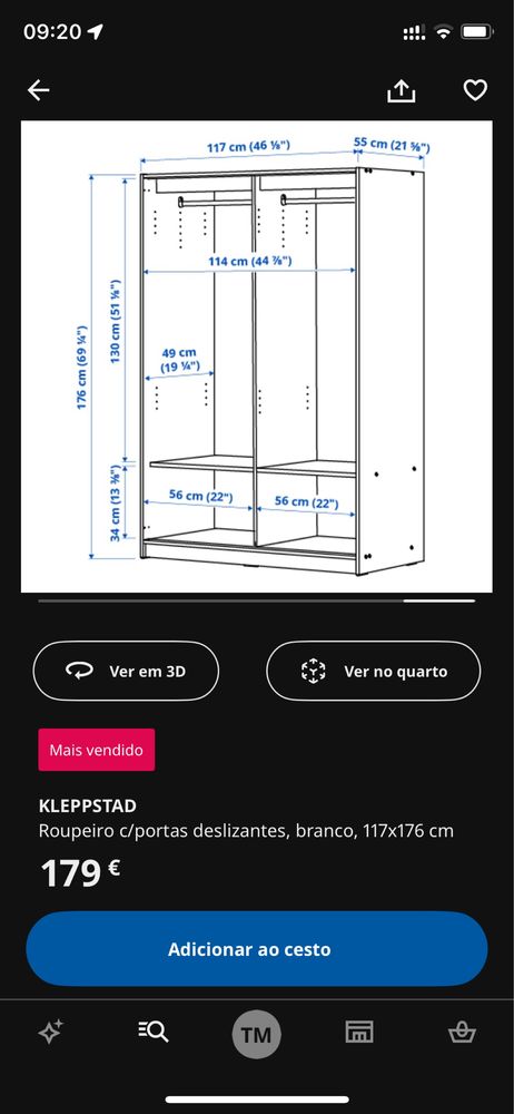 Roupeiro porta deslizante 117x176 kleppstad Branco
