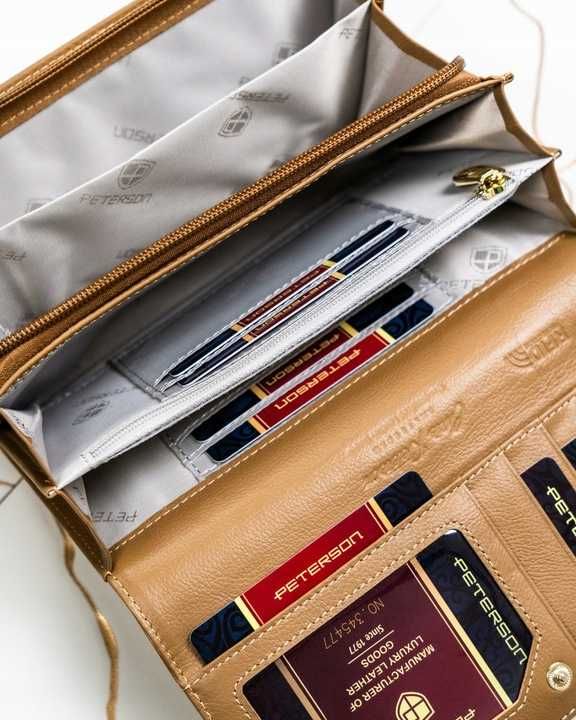 Peterson portfel skórzany damski Gold Champagne duży elegancki RFID