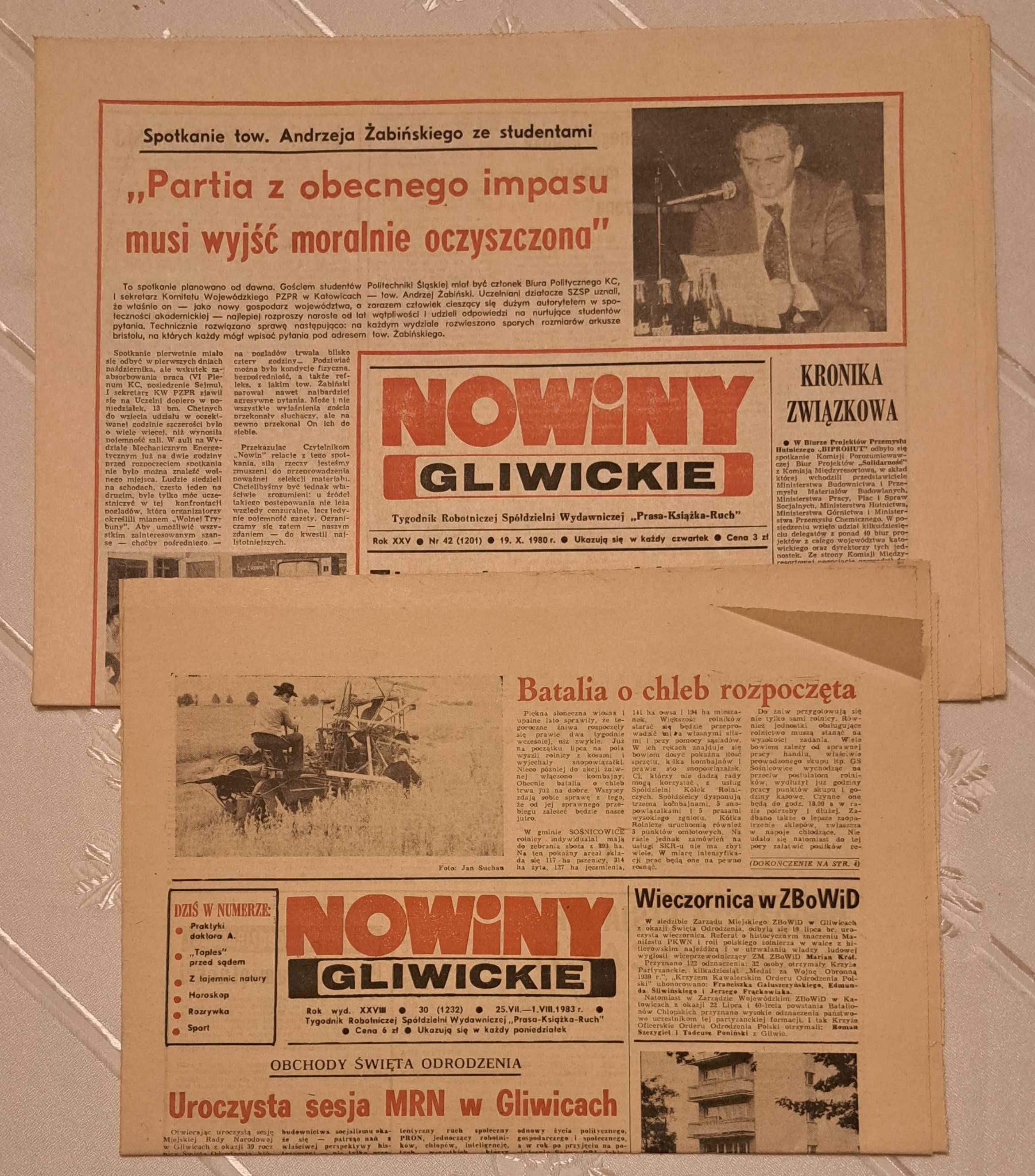 ,,Nowiny Gliwickie" - 2 gazety z 1980 i 1983