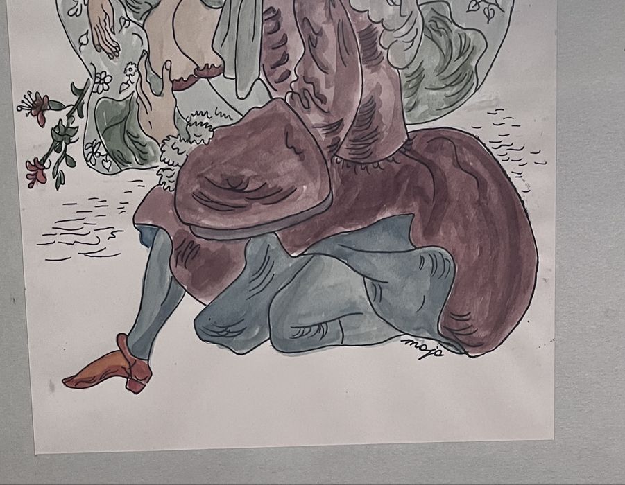 Piękna akwarela - Maja Berezowska - scenka miłosna - lata 50