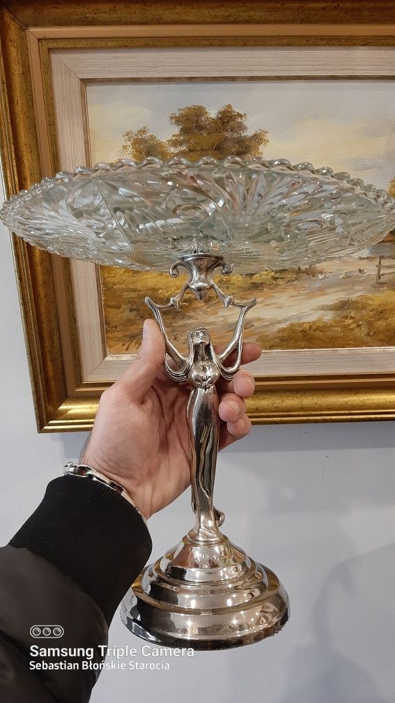 Piękna figuralna patera stołowa na ciastka owoce platerowana vintage