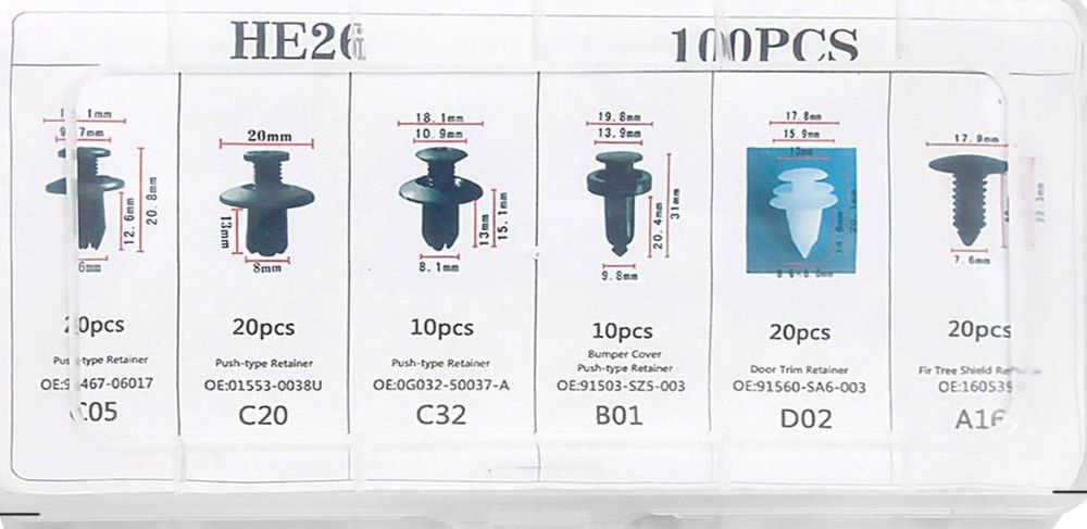 Conjunto de 100 molas de friso, rebites de plástico, clipes de fixação