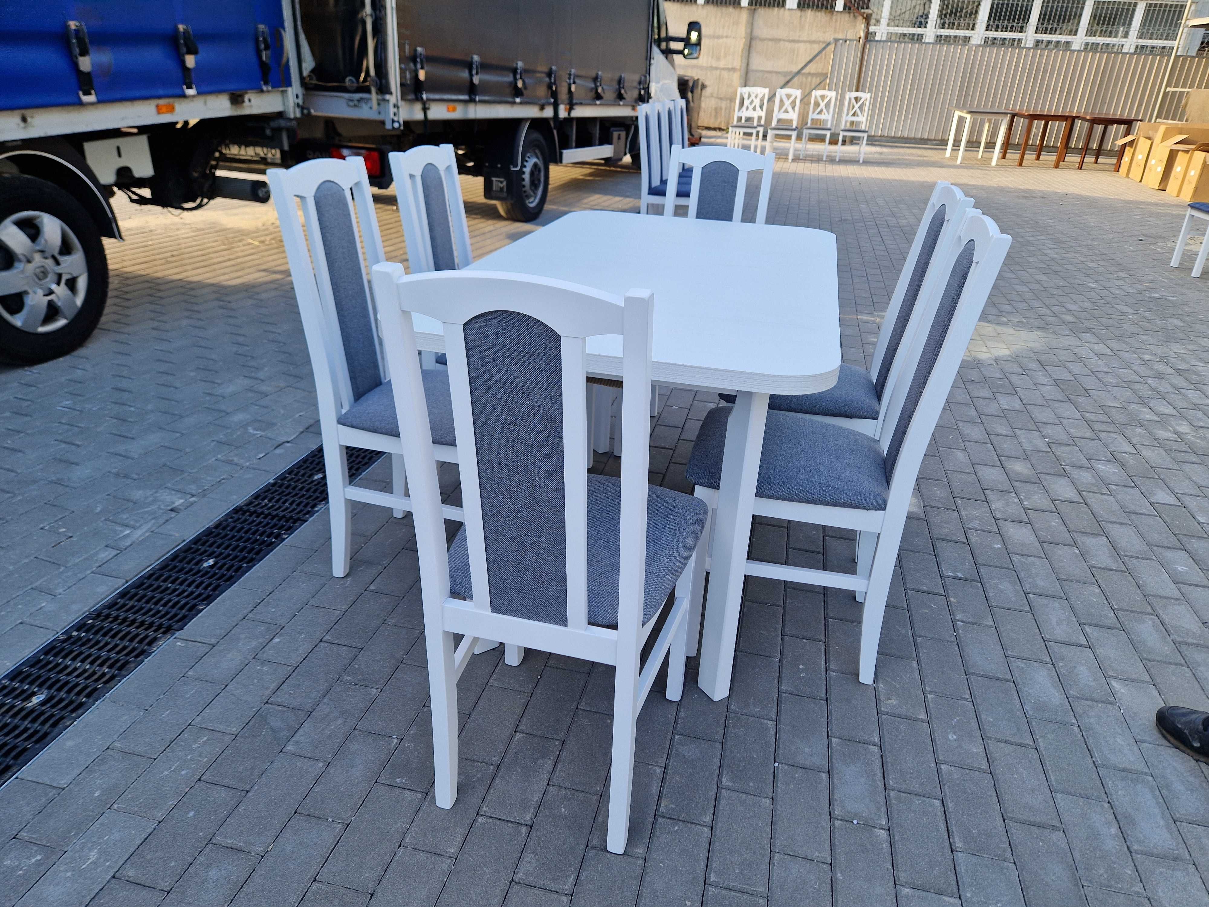 Stół 80x140-180 + 6 krzeseł,  biały+szary, nowe-od ręki, dostawa PL