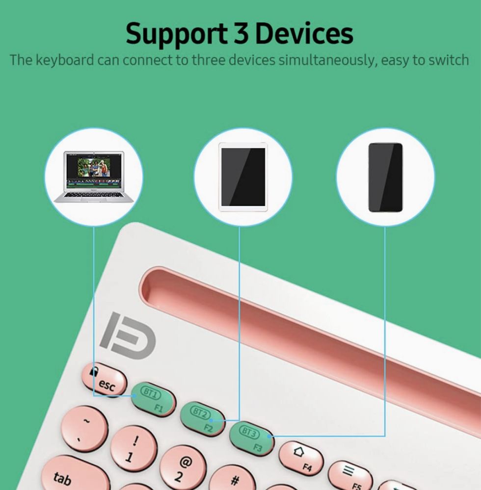 Teclado sem fio BT com teclas redondas. Suporte para 3 dispositivos