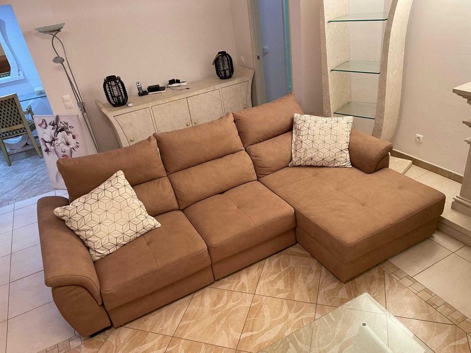 Conjunto de Sofás Chaise Longue Castanho em Tecido Suave