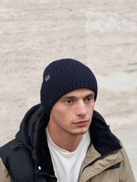Мужская шапка зимняя Puma кашемировая теплая с подворотом Синяя черная