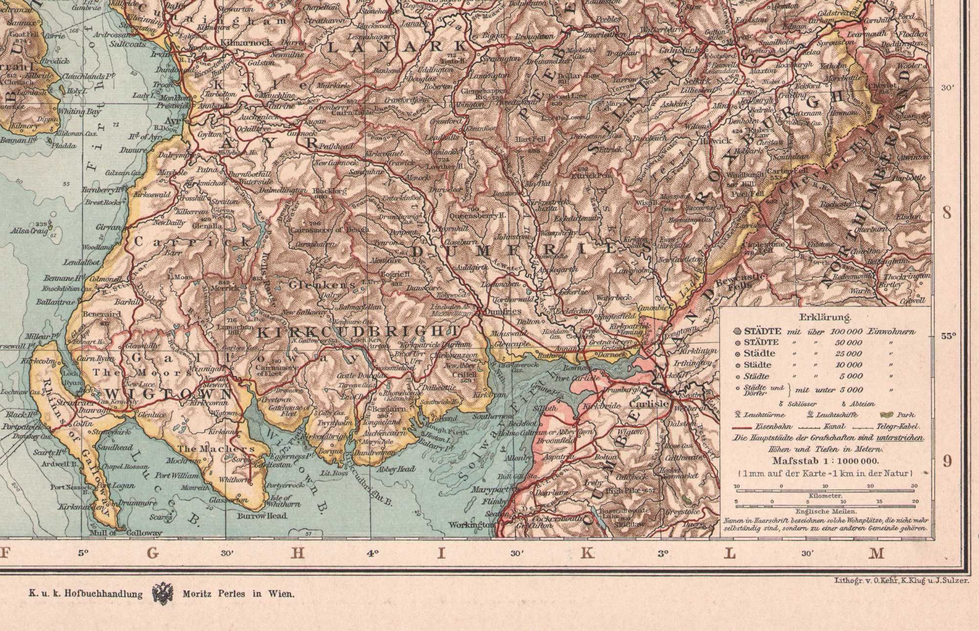 Szkocja. Duża efektowna mapa 1898 r. autentyk