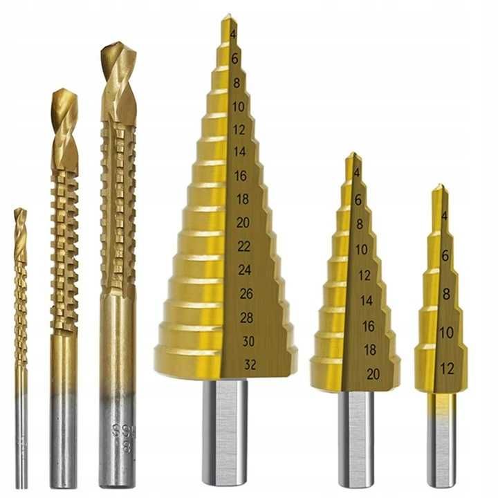 WIERTŁO WIERTŁA Stożkowe Stopniowe Choinkowe Frezujące 6 szt. 6-32 mm