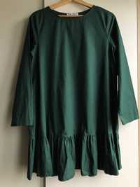 Sukienka S/M butelkowa zieleń falbanka mini tunika
