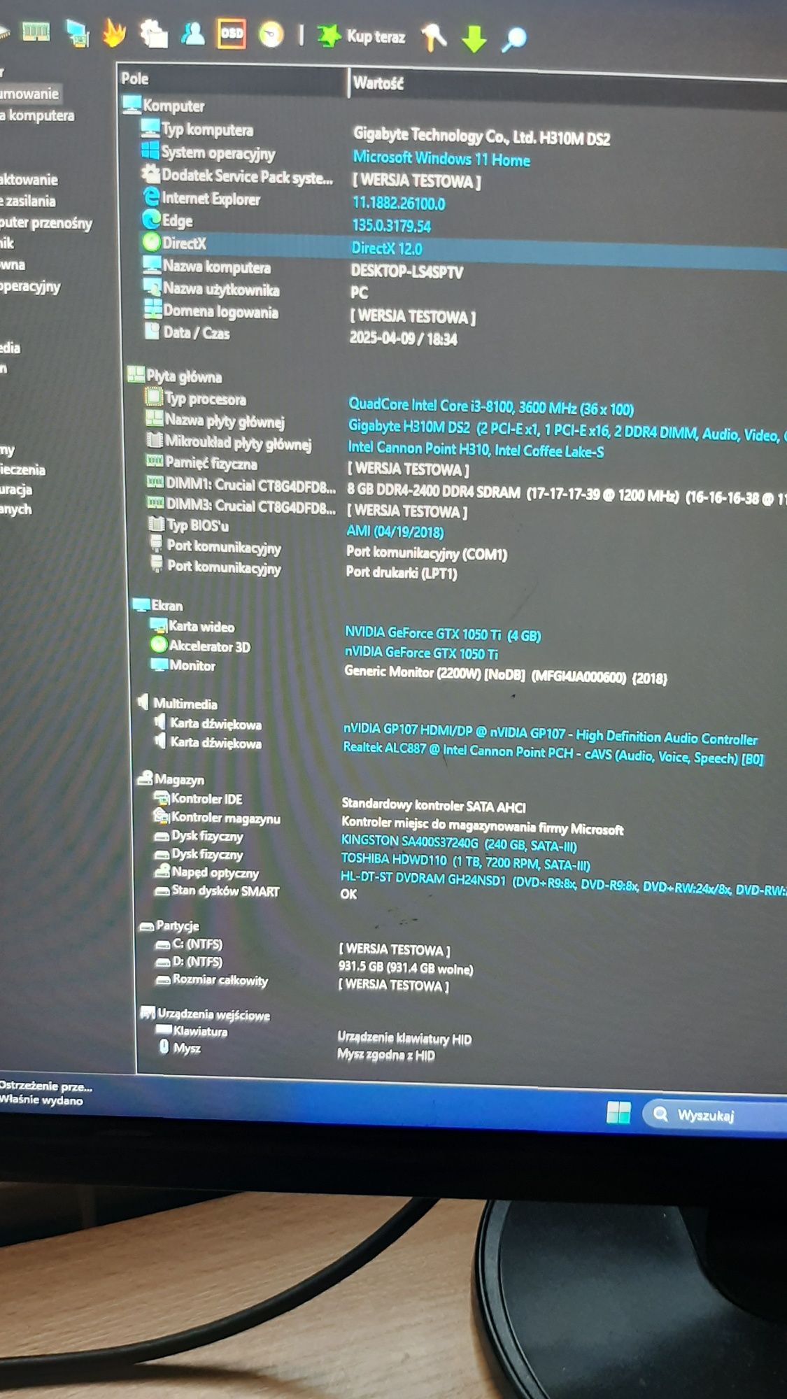 Komputer stacjonarny 1T+240GB 16GB RAM