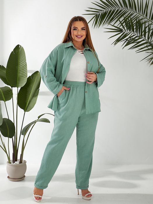 Лляний костюм двійка сорочка вільного крою штани висока талія