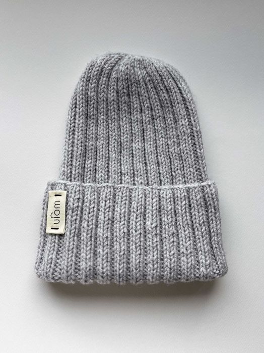 Czapka wełniana na drutach handmade by ufam rękodzieło popiel (nowa)