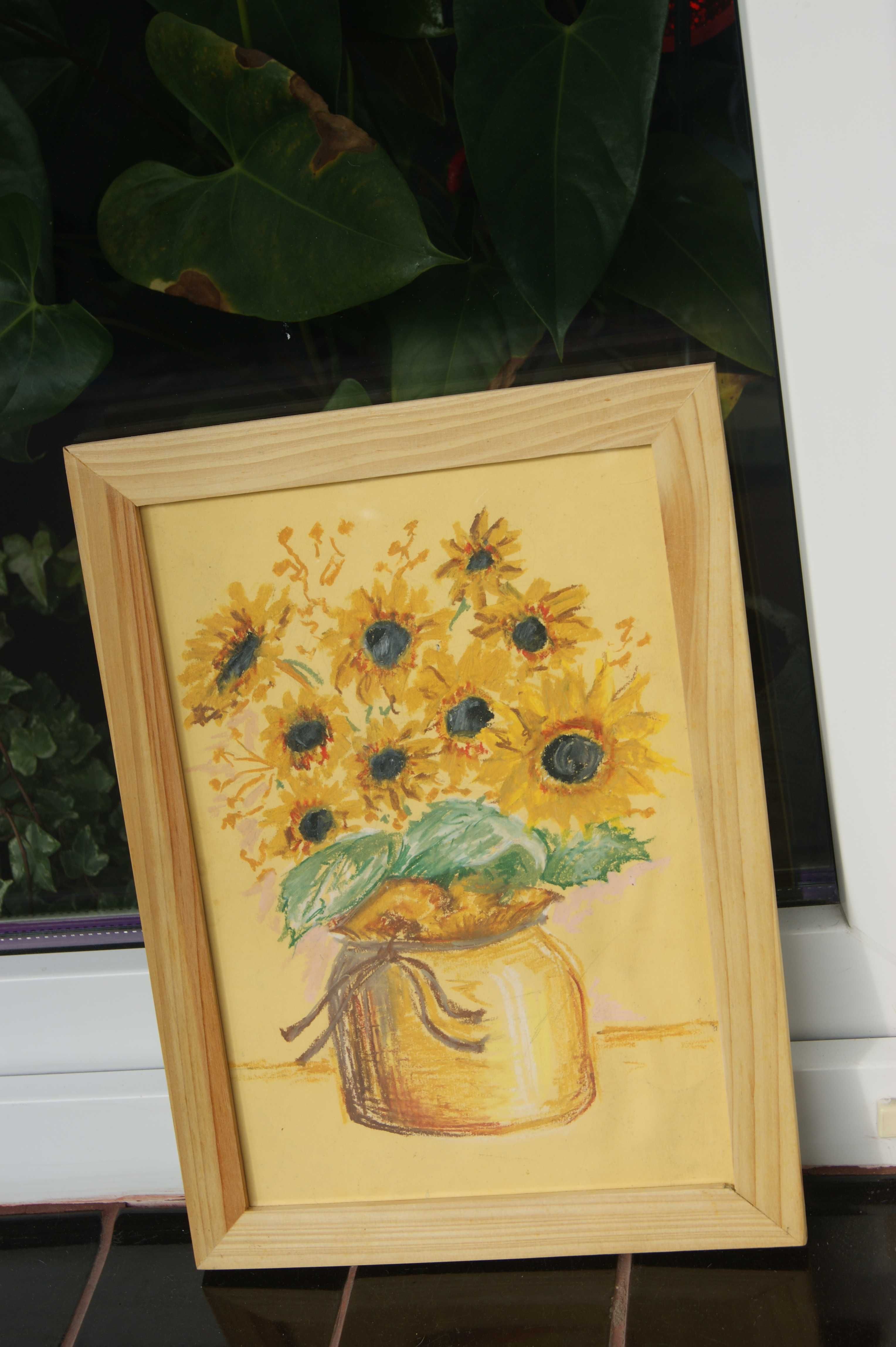 Obraz-słoneczniki-rysunek w sosnowej ramie 32 cm x 23 cm