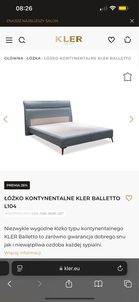 Łóżko kontynentalne KLER Balletto 180x200