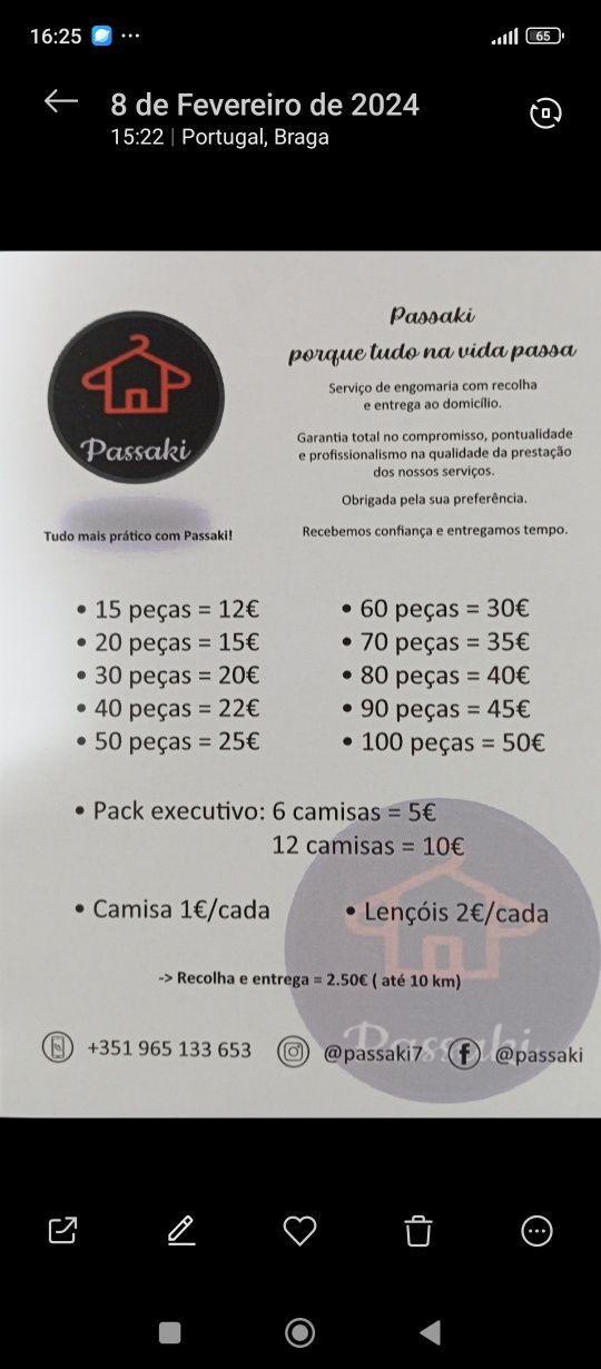 Passaki serviço de engomadoria com recolha e entrega ao domicílio