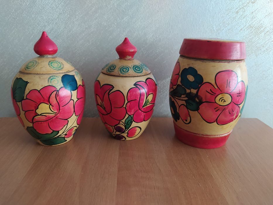 Komplet z Rosji stary Chochłoma drewniane pojemniki