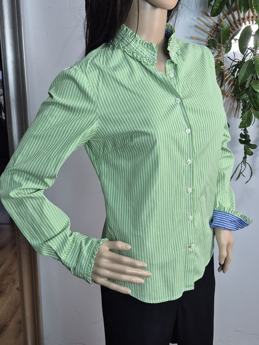 Koszula damska Tommy Hilfiger S  zielona w paski bawełniana z falbanką